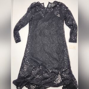 A New Day Black Lace Maxi Dress XL Floral Long Sleeve Sheer Overlay Lined NWT